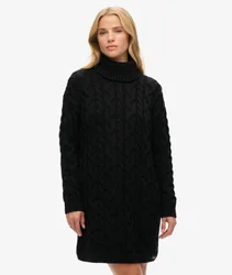 Superdry Damen Strickkleid mit Zopfmuster und Rollkragen Schwarz - Größe: 40