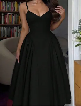 Vestido de mujer de unicolor con empalme lateral y busto fruncido, sexy y elegante, de moda para vacaciones, bodas y fiestas, con tirantes finos, tall - Shein - FashionsVida