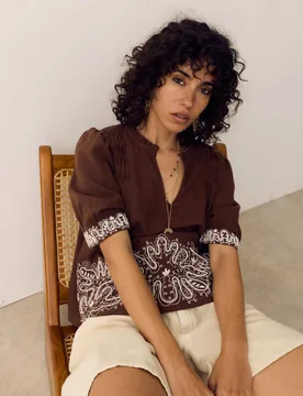 Lyocell Rich Embroidered Notch Neck Blouse Conker female - Per Una - FashionsVida