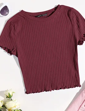 Camiseta tejida de canalé ribete en forma de lechuga unicolor L - Shein - FashionsVida