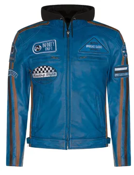 Mens Racing Hooded Biker Jacket-Detroit - Blue - Size Medium - Infinity Leather - FashionsVida