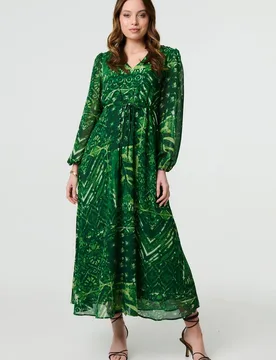 Women's Printed Semi Sheer Empire Maxi Dress in Green Size: 10 - Green - Size: 10 - Izabel London - FashionsVida