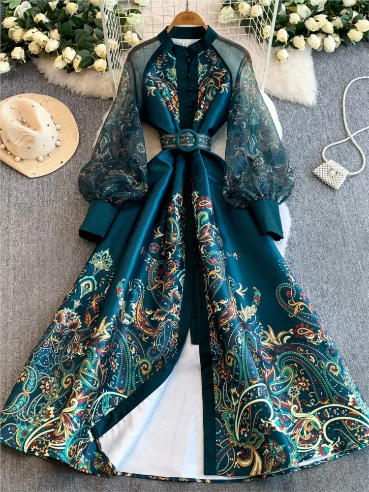 A long skirt with mesh patchwork printed lantern sleeves cinched waist and wide swing - Aliexpress - FashionsVida