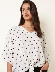 Polka Dot Knot Front Top - M/L / WHITE/BLACK - female