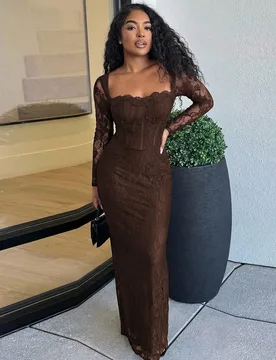 Vestido maxi de mujer con cuello cuadrado, manga larga, con forma de S, de encaje, corsé y ajustado para fiestas, citas nocturnas y eventos L - Shein - FashionsVida