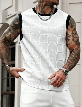New Men Sleeveless Cable Jacquard Tank Top Contrast Black Trim O Neck Loose Fit Summer Daily Street Casual Tee - Aliexpress - FashionsVida