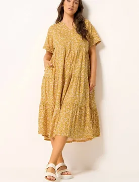 Women's Floral Tiered Maxi Dress in Gold Size: 14 - Gold - Size: 14 - Yours - FashionsVida