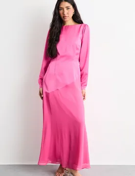 Womens Slash Neck Asymmetric Seam Detail Maxi Dress - Pink - Size 12 Uk - Warehouse - FashionsVida