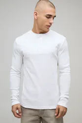 Mens Muscle Fit Rib Henley Neck T-Shirt - White Cotton - Size X-Large