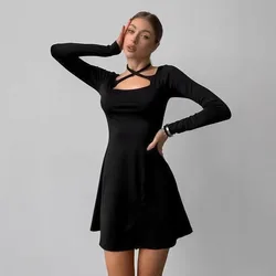 Spring New Vintage Black Square Neck Long Sleeve Simple Slit Layering A Line Dress Women Solid Color Temperament