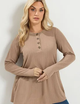 Women's Pointelle Henley Top in Tan Size: 14 - Tan - Size: 14 - Yours - FashionsVida