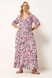 Women's Tropical Shirred Maxi Dress in Baby Pink Size: 26-28 - Baby Pink - Size: 26-28