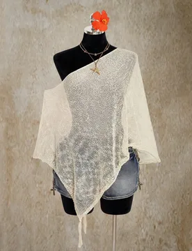 Top de punto estilo bohemio retro Y2K talla grande con cuello asimétrico y bajo degradado diseño casual para otoño vacaciones playa blanco 2XL - Shein - FashionsVida