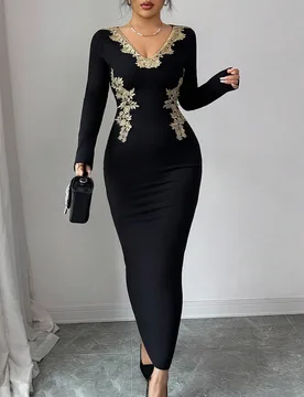 Vestido ajustado de manga larga con cuello en V de unicolor y adorno de encaje dorado, adecuado para fiestas, citas, trabajo y uso diario en otoño/in - Shein - FashionsVida