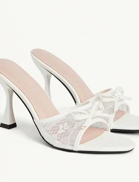 Zapatos de mujer con lazo, tacón fino, punta redonda, elegantes sandalias de tacón alto con encaje en color albaricoque de cuero PU, estilo stiletto - Shein - FashionsVida