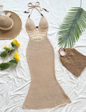 Vestido Maxi de Punto de Crochet para Mujer, Estilo Boho Casual de Vacaciones, Espalda Descubierta, Halter, sin Relleno en el Pecho, Beige, Otoño, Pl - Shein - FashionsVida