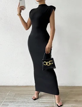 Vestido maxi de un solo color con cuello alto, hombros acolchados y ajuste ceñido para mujer XS - Shein - FashionsVida