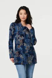 Women's Printed Cowl Neck Long Sleeve Tunic Top in Blue Size: 8 - Blue - Size: 8