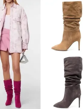Autumn Ladies Khaki Beige Blue Purple Solid Suede Pointed Toe Pleated Tube Slip On Slim Thin Heels Mid-calf Short Boots Shoes - Aliexpress - FashionsVida