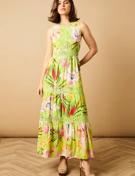 Women's Printed Lace Detail Keyhole Tiered Maxi Dress Size: 8 - Multicolor - Size: 8 - OASIS - FashionsVida