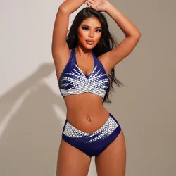 Conjunto de bikini simple y moderno para mujeres con cuello halter para vacaciones en la playa de verano M
