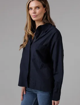 Womens Navy Cotton Long Sleeve Chest Pocket Poplin Popover High-Low Hem Shirt - Size 8 Uk - French connection - FashionsVida