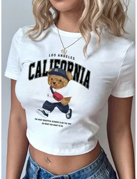 Camiseta corta de manga corta y cuello redondo con gráfico de oso universitario de California de estilo minimalista y casual para mujer XL - Shein - FashionsVida