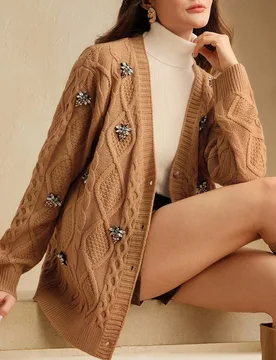 Cárdigan de punto con mangas largas, decorado con abeja de strass, de moda para mujer, para otoño/invierno M - Shein - FashionsVida