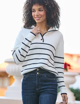 Womens Ivory & Navy Stripe Gold Button Detail Collared Jumper - Cream - Size X-Large - Sosandar - FashionsVida