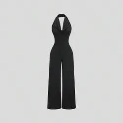 Mono y pantalón de pierna ancha en color albaricoque con cuello drapeado y espalda descubierta, sexy, para mujer S