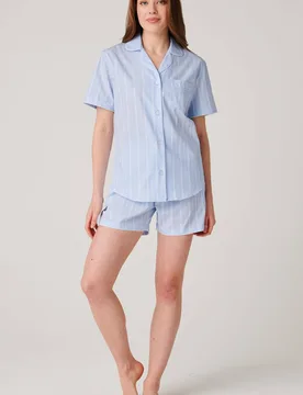 Women's "Breezy Blue Satin Stripe" Crisp Cotton Short Pyjama Set in Baby Blue Size: XS - Baby Blue - Size: XS - British Boxers - FashionsVida