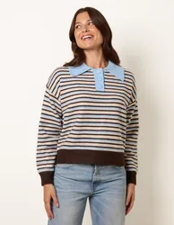 Stripe Knit Polo Jumper - M/L / BURGUNDY/CHOCOLATE - female