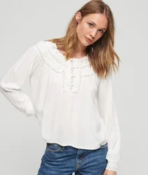 Superdry Women's Gewebtes Oberteil mit Spitzenbesatz Creme - Größe: 38