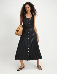 Leather Look Popper Front Pleated Midi Skirt Black female