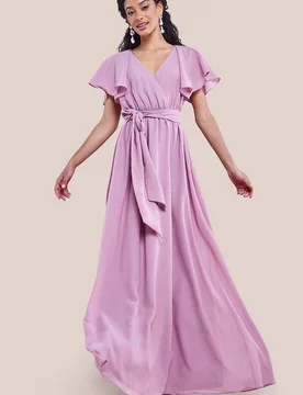 Women's Chiffon Flutter Sleeve Wrap Maxi Dress in Lavender Size: 18 - Lavender - Size: 18 - Goddiva - FashionsVida