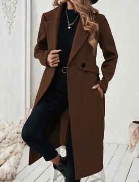 Abrigo de talla grande para mujer de estilo clásico y casual, minimalista, con cuello de solapa, cintura ceñida, botones y bolsillos, de largo medio - Shein - FashionsVida