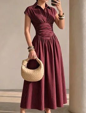Vestido largo elegante negro con rayas francesas, cuello de camisa, cintura ceñida y falda completa para mujer, cena, cita, restaurante, verano M - Shein - FashionsVida