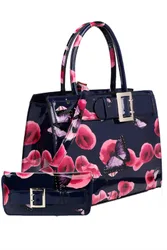 Women's Rouge PU Patent Poppy Flower & Buttlefly Print With Belt Detail Top-Handle Bag With Purse Set in Navy - Navy - Size: One Size