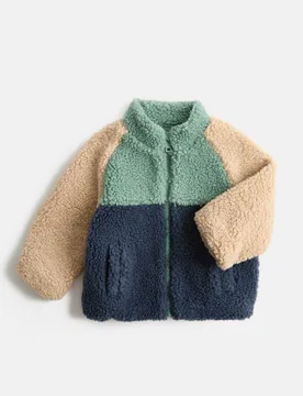 Borg Colour Block Funnel Neck Jacket (0-5 Yrs) Green Mix male - M&S - FashionsVida
