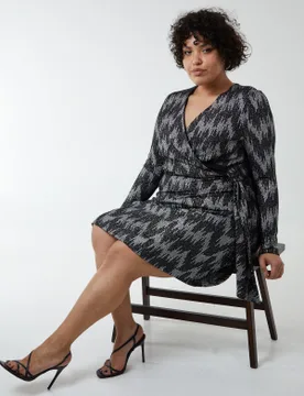 Curve Sparkly Fixed Wrap Skater Dress With Tie - 18 / SILVER - female - Blue Vanilla - FashionsVida