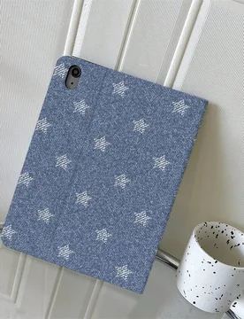Pieza Funda protectora para tableta con textura de mezclilla y estampado de estrella blanca, soporte multiángulo con ranura para lápiz, compatible c - Shein - FashionsVida