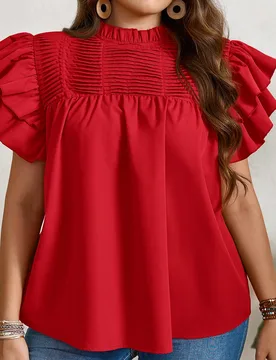 Blusa informal con volantes de unicolor talla grande para el Día de San Valentín, vacaciones, verano para mujer, salir, negocios, casual, oficina 4X - Shein - FashionsVida