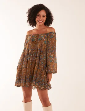 Bardot Neck Mini Trapeze Dress - M / BROWN PATTERN - female - Blue Vanilla - FashionsVida
