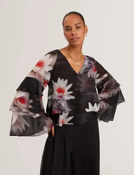 Floral V-Neck Ruffle Top Black female - Ted baker - FashionsVida