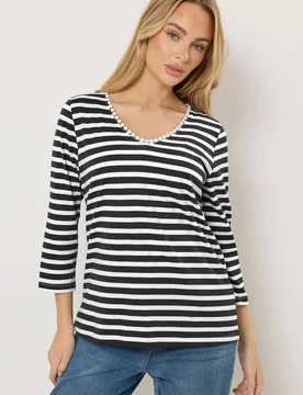 Women's Stripe Cotton Neck Trim Top in Mid Navy Size: 20 - Mid Navy - Size: 20 - M&Co - FashionsVida