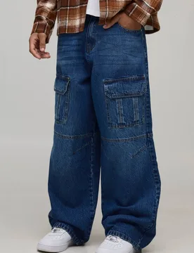 Herren Super Baggy Cargo-Taschen Denim Jeans Hosen Vintage Blue Größe 30R - boohooMAN - FashionsVida