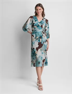 Vestido midi fluido de manga francesa con frunce en los puños y escote cruzado con lazada en cintura de mujer - DKNY - FashionsVida