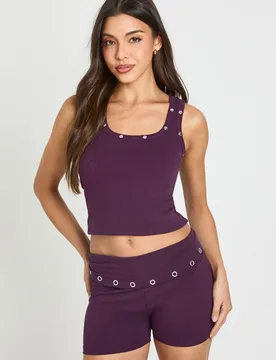 Womens Studded Foldover Shorts - Purple Cotton - Size 8 Uk - Boohoo - FashionsVida