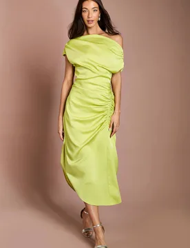 Women's Satin Ruched One Shoulder Asymmetric Hem Midi Dress in Olive Size: 8 - Olive - Size: 8 - Coast - FashionsVida