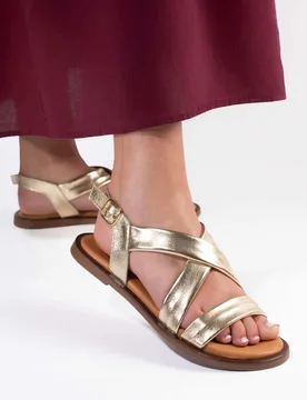 Wide Fit Leather Metallic Flat Sandals Gold female - Jones Bootmaker - FashionsVida